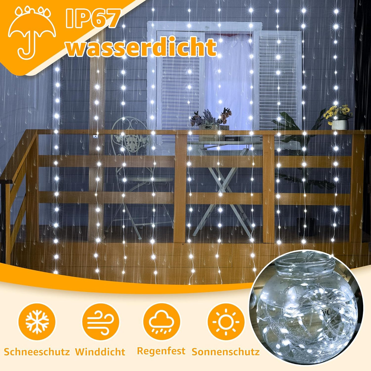 Ollny 300 LEDs 3m*3m Vorhangleuchten für den Außenbereich (anschließbar, IP67 wasserdicht, Kaltweiß, 8 Modi)