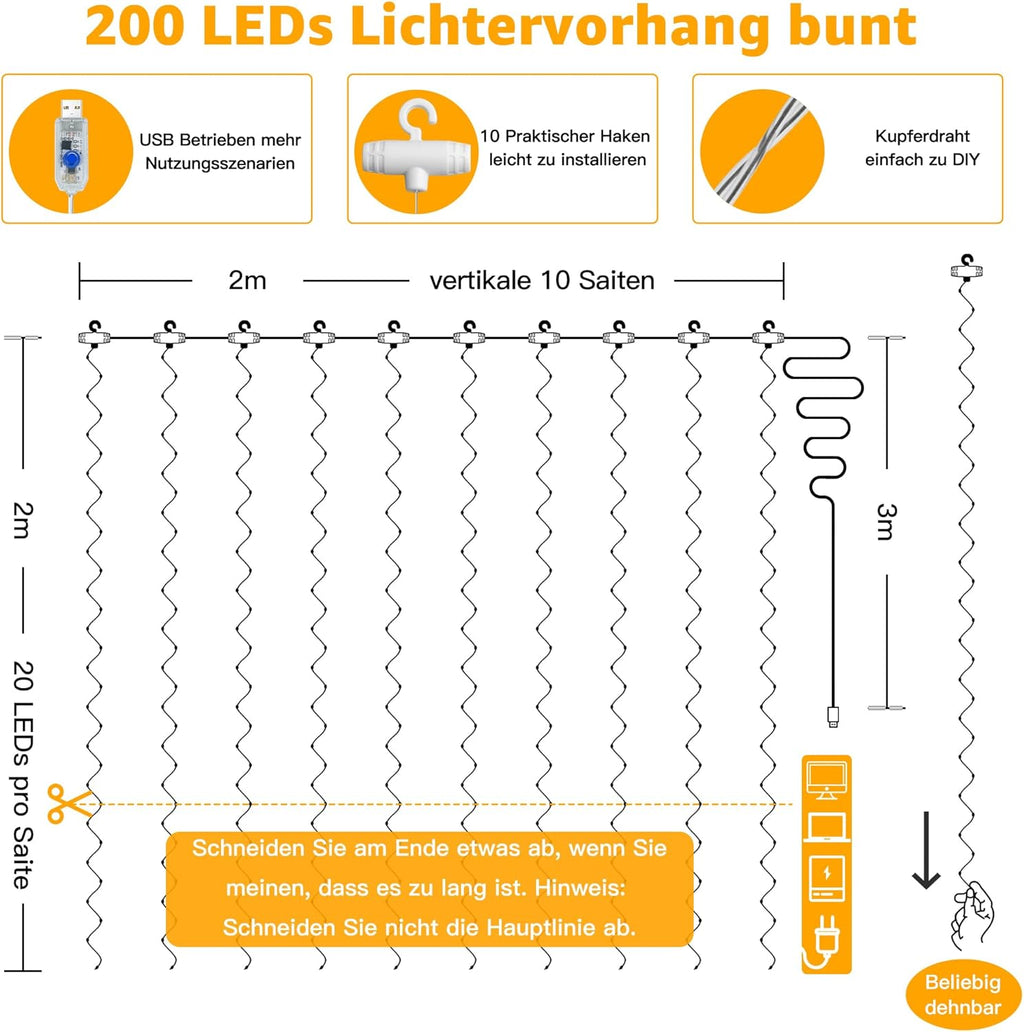 Ollny 200 LEDs 2m*2m USB Kupferdraht Vorhang Lichterkette mit Haken (bunt, IP44 wasserdicht)