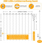Ollny 200 LEDs 2m*2m USB Kupferdraht Vorhang Lichterkette mit Haken (bunt, IP44 wasserdicht)