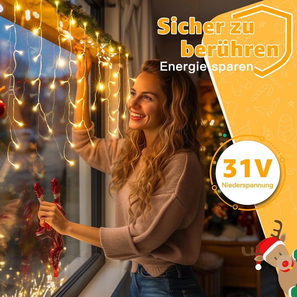 Ollny 15m 600 LEDs Weihnachtsbeleuchtung Eisregen Lichterkette außen (Erweiterbare, Warmweiß, 8 Modi, IP44 Wasserdichte)