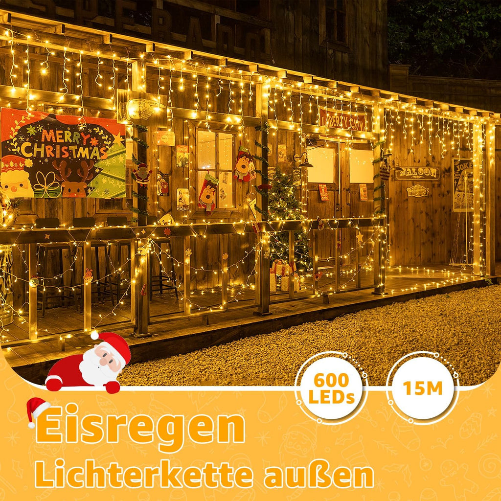 Ollny 15m 600 LEDs Weihnachtsbeleuchtung Eisregen Lichterkette außen (Erweiterbare, Warmweiß, 8 Modi, IP44 Wasserdichte)