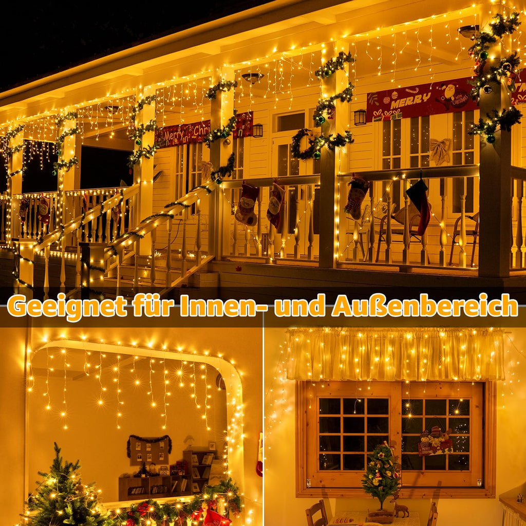 Ollny 15m 600 LEDs Weihnachtsbeleuchtung Eisregen Lichterkette außen (Erweiterbare, Warmweiß, 8 Modi, IP44 Wasserdichte)