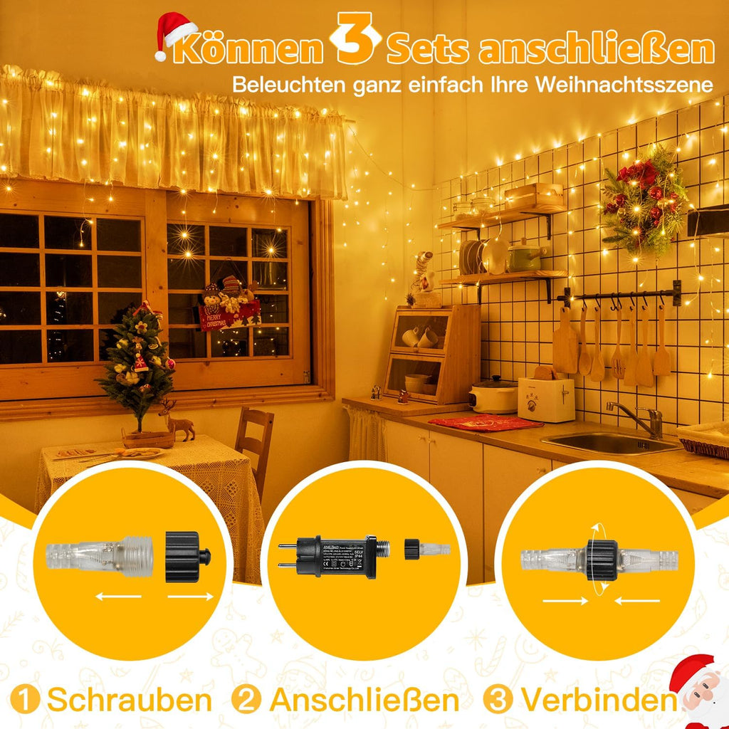 Ollny 15m 600 LEDs Weihnachtsbeleuchtung Eisregen Lichterkette außen (Erweiterbare, Warmweiß, 8 Modi, IP44 Wasserdichte)