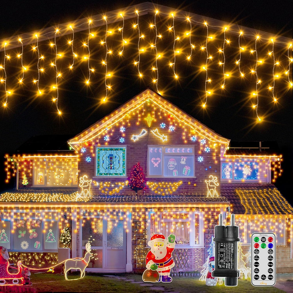 Ollny 15m 600 LEDs Weihnachtsbeleuchtung Eisregen Lichterkette außen (Erweiterbare, Warmweiß, 8 Modi, IP44 Wasserdichte)