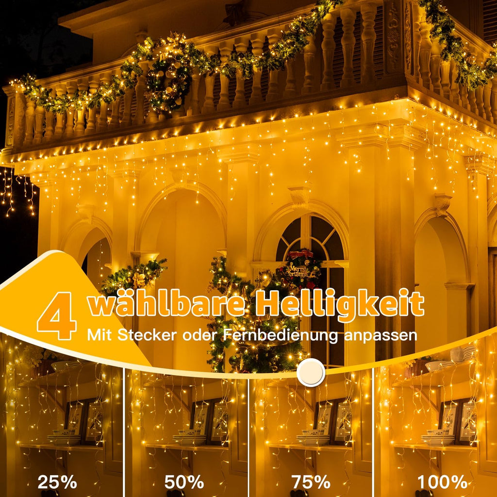 Ollny 15m 600 LEDs Weihnachtsbeleuchtung Eisregen Lichterkette außen (Erweiterbare, Warmweiß, 8 Modi, IP44 Wasserdichte)