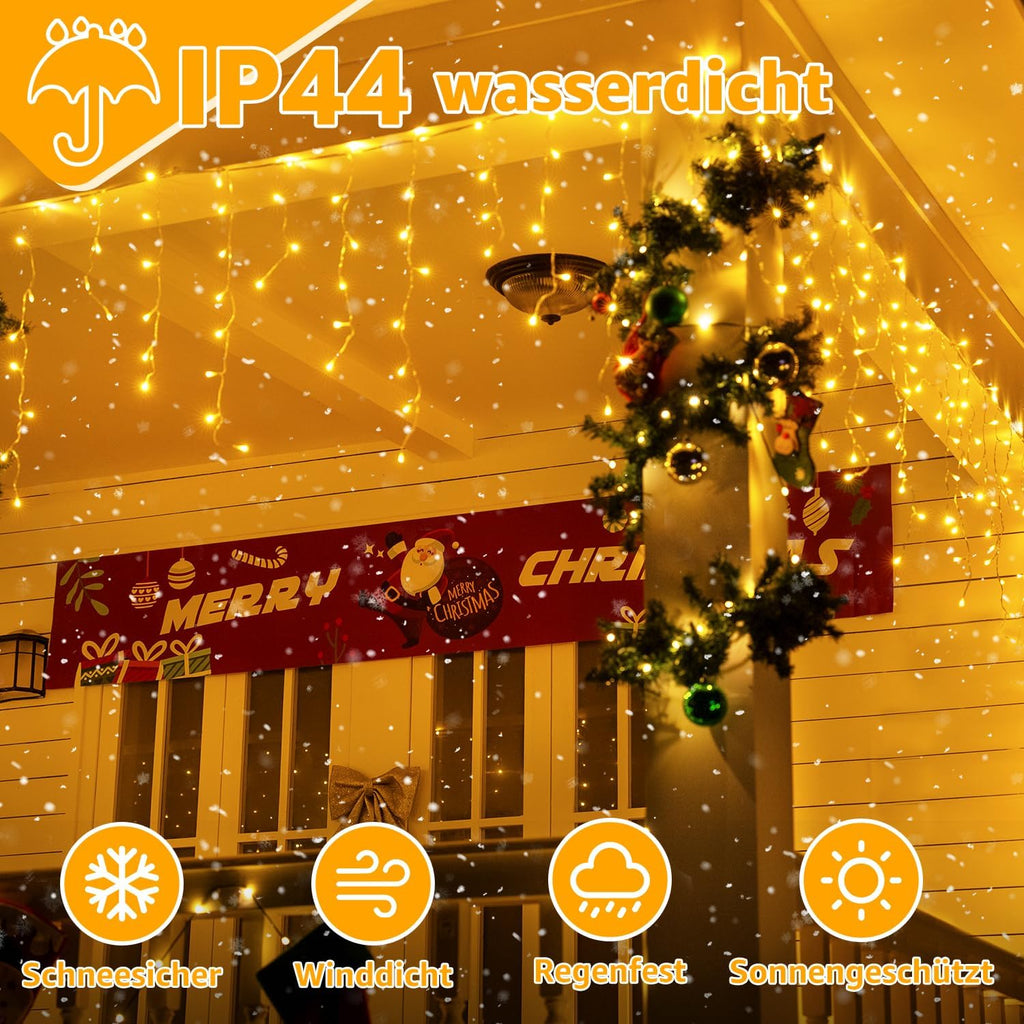 Ollny 15m 600 LEDs Weihnachtsbeleuchtung Eisregen Lichterkette außen (Erweiterbare, Warmweiß, 8 Modi, IP44 Wasserdichte)