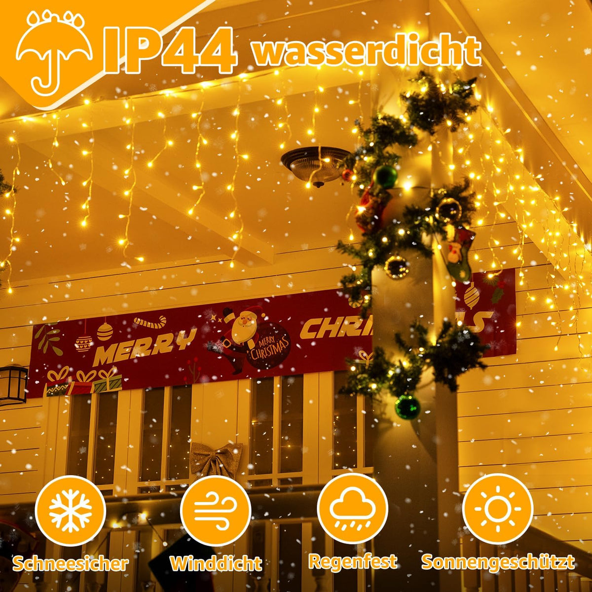 Ollny 15m 600 LEDs Weihnachtsbeleuchtung Eisregen Lichterkette außen (Erweiterbare, Warmweiß, 8 Modi, IP44 Wasserdichte)