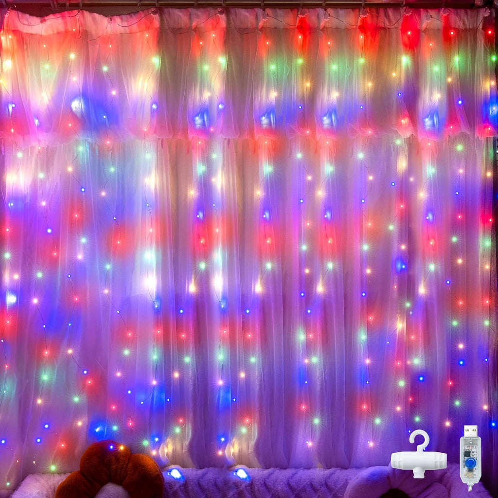 Ollny 200 LEDs 2m*2m USB Kupferdraht Vorhang Lichterkette mit Haken (bunt, IP44 wasserdicht)