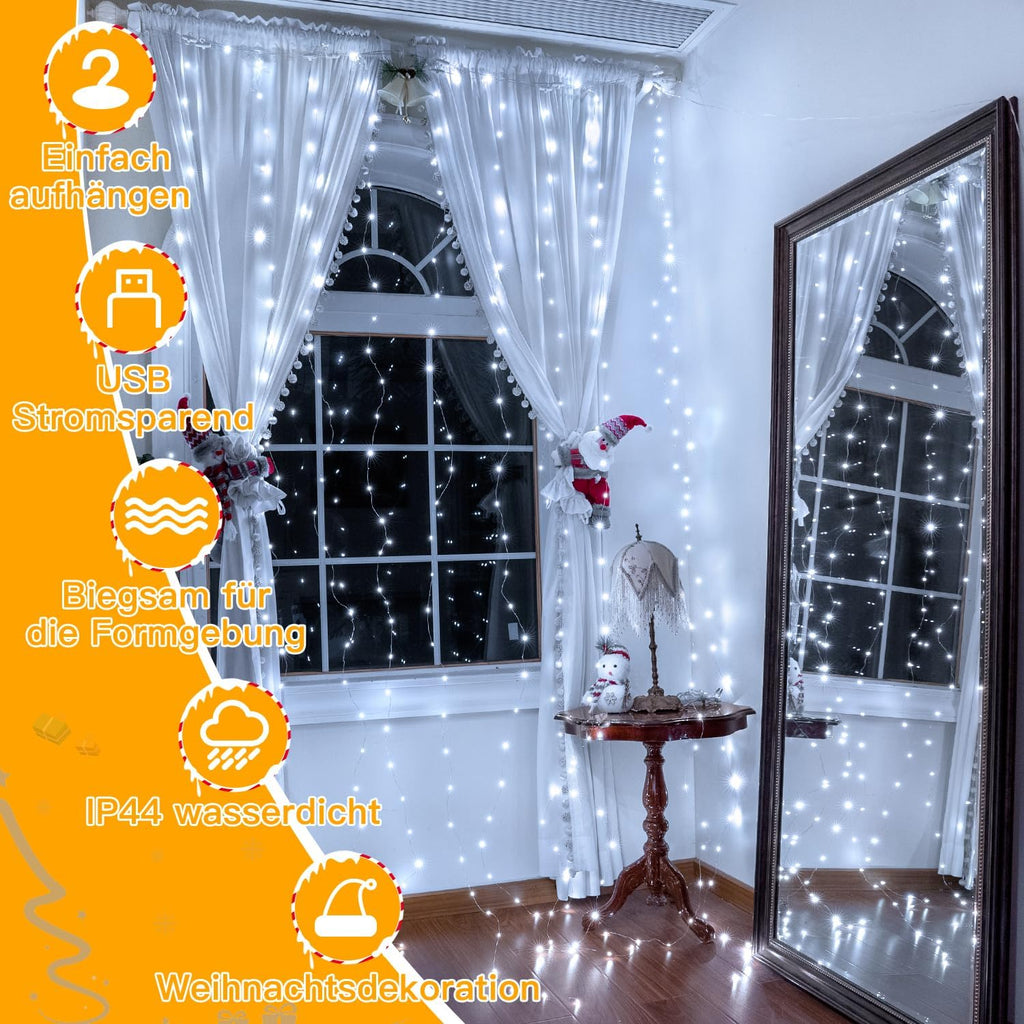 Ollny 200 LEDs 2m*2m USB Kupferdraht Vorhang Lichterkette mit Haken (Kaltweiß, IP44 wasserdicht)