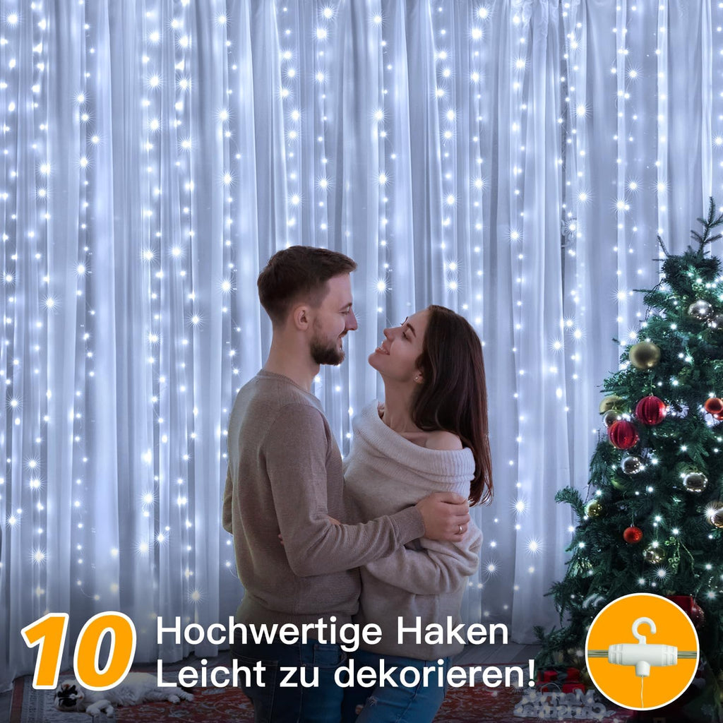 Ollny 200 LEDs 2m*2m USB Kupferdraht Vorhang Lichterkette mit Haken (Kaltweiß, IP44 wasserdicht)