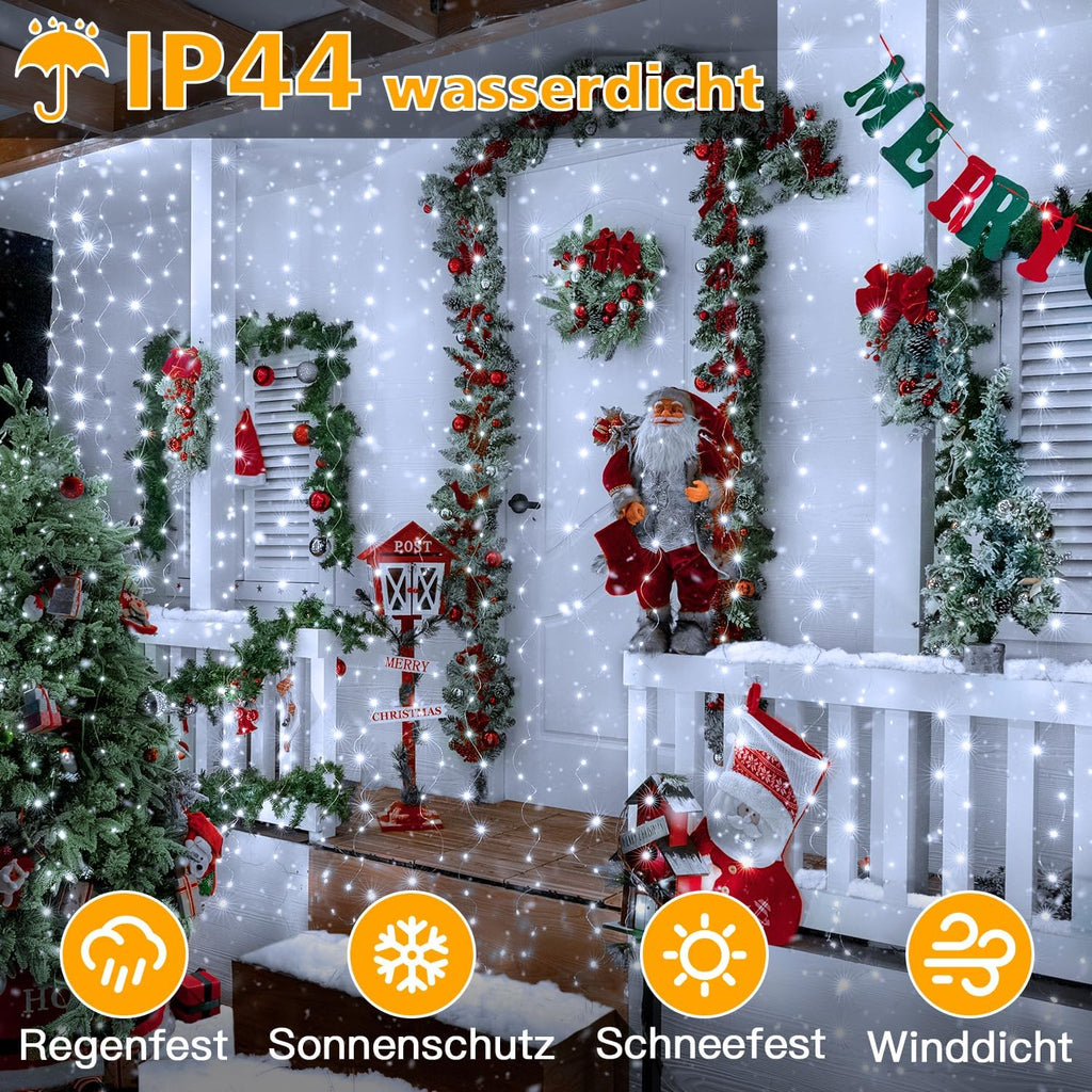 Ollny 200 LEDs 2m*2m USB Kupferdraht Vorhang Lichterkette mit Haken (Kaltweiß, IP44 wasserdicht)