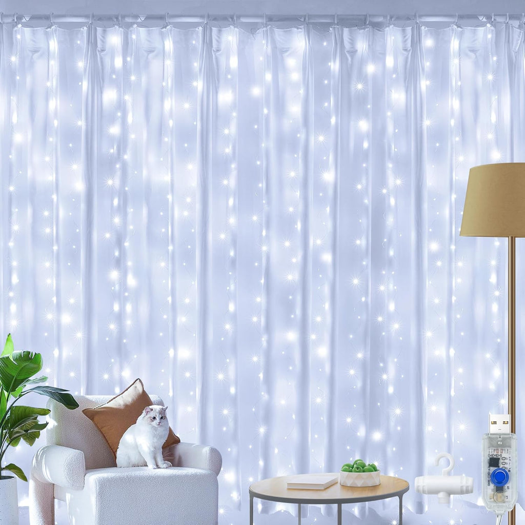 Ollny 200 LEDs 2m*2m USB Kupferdraht Vorhang Lichterkette mit Haken (Kaltweiß, IP44 wasserdicht)