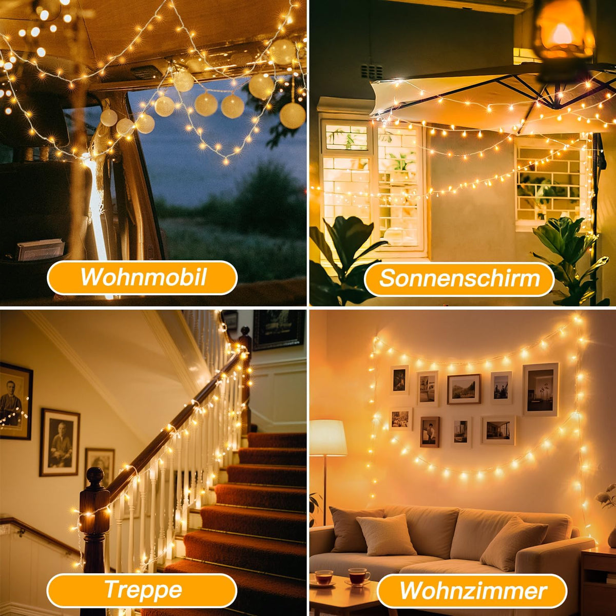 Ollny 100 LED 10m Warmweiße Lichterkette für Weihnachten (Transparentes Kabel, Steckeranschluss, 8 Modi)