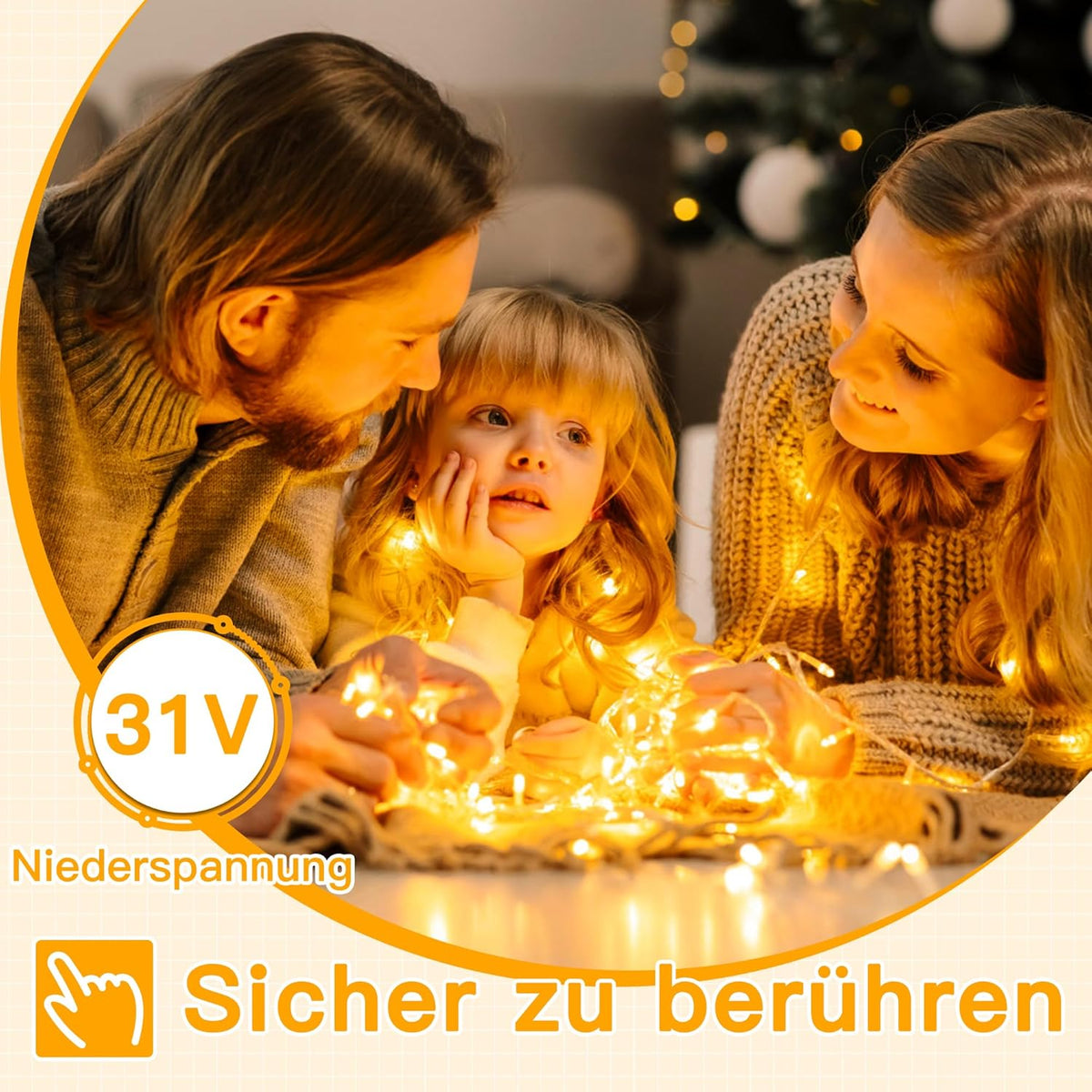 Ollny 100 LED 10m Warmweiße Lichterkette für Weihnachten (Transparentes Kabel, Steckeranschluss, 8 Modi)