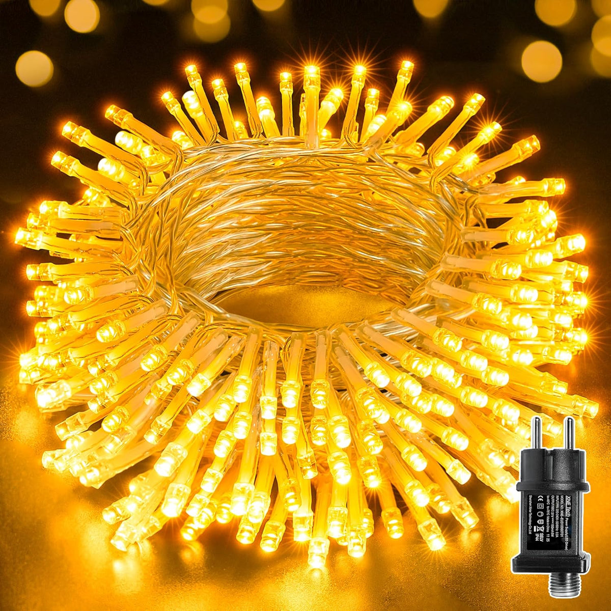 Ollny 100 LED 10m Warmweiße Lichterkette für Weihnachten (Transparentes Kabel, Steckeranschluss, 8 Modi)
