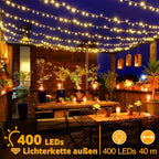 Ollny 400 LEDs 40m Lichterkette außen für Garten Balkon Hochzeit Party (Warmweiß, 8 Modi, IP44 wasserdicht)
