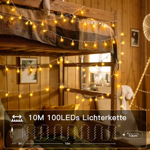 Ollny 100 LED 10m Warmweiße Lichterkette für Weihnachten (Transparentes Kabel, Steckeranschluss, 8 Modi)