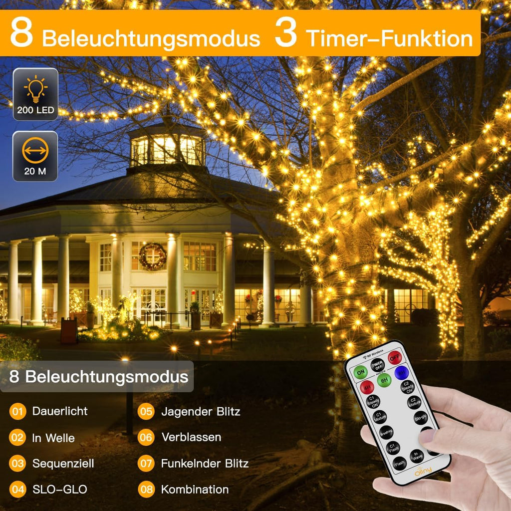 Ollny 200 LEDs 20m Lichterkette Weihnachtsbaum außen für Party (Warmweiß, 8 Modi, IP44 wasserdicht)