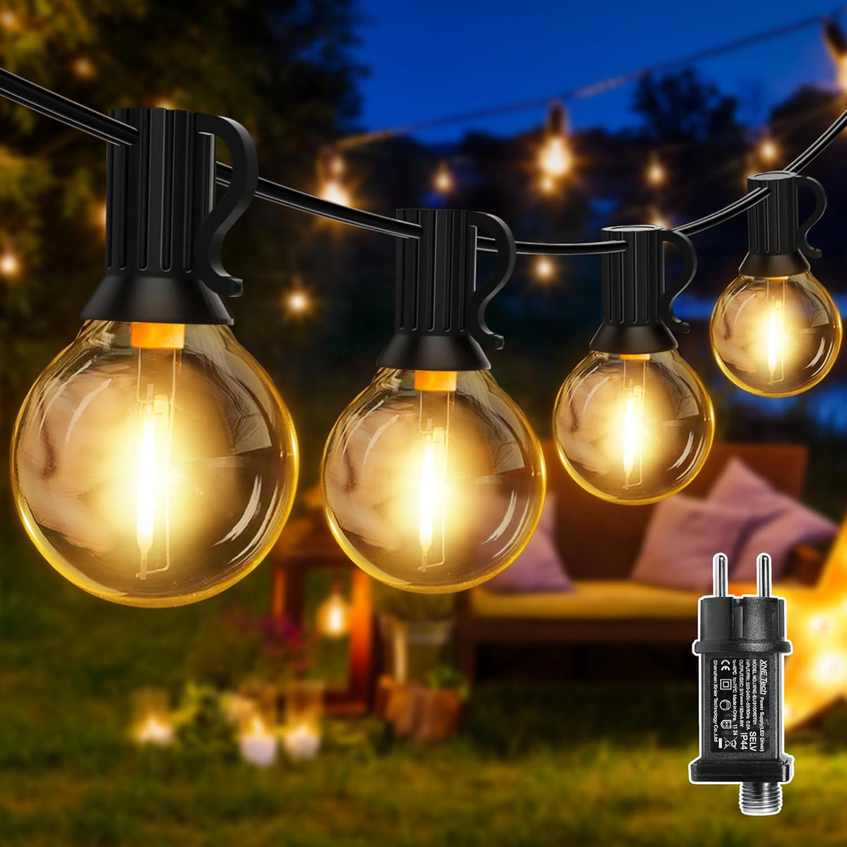 Ollny G40 Lichterkette für den Außenbereich, geeignet für Lichterketten, Garten, Balkon, Pavillon, Pergola (verbindbar, IP45 wasserdicht, 2700k)
