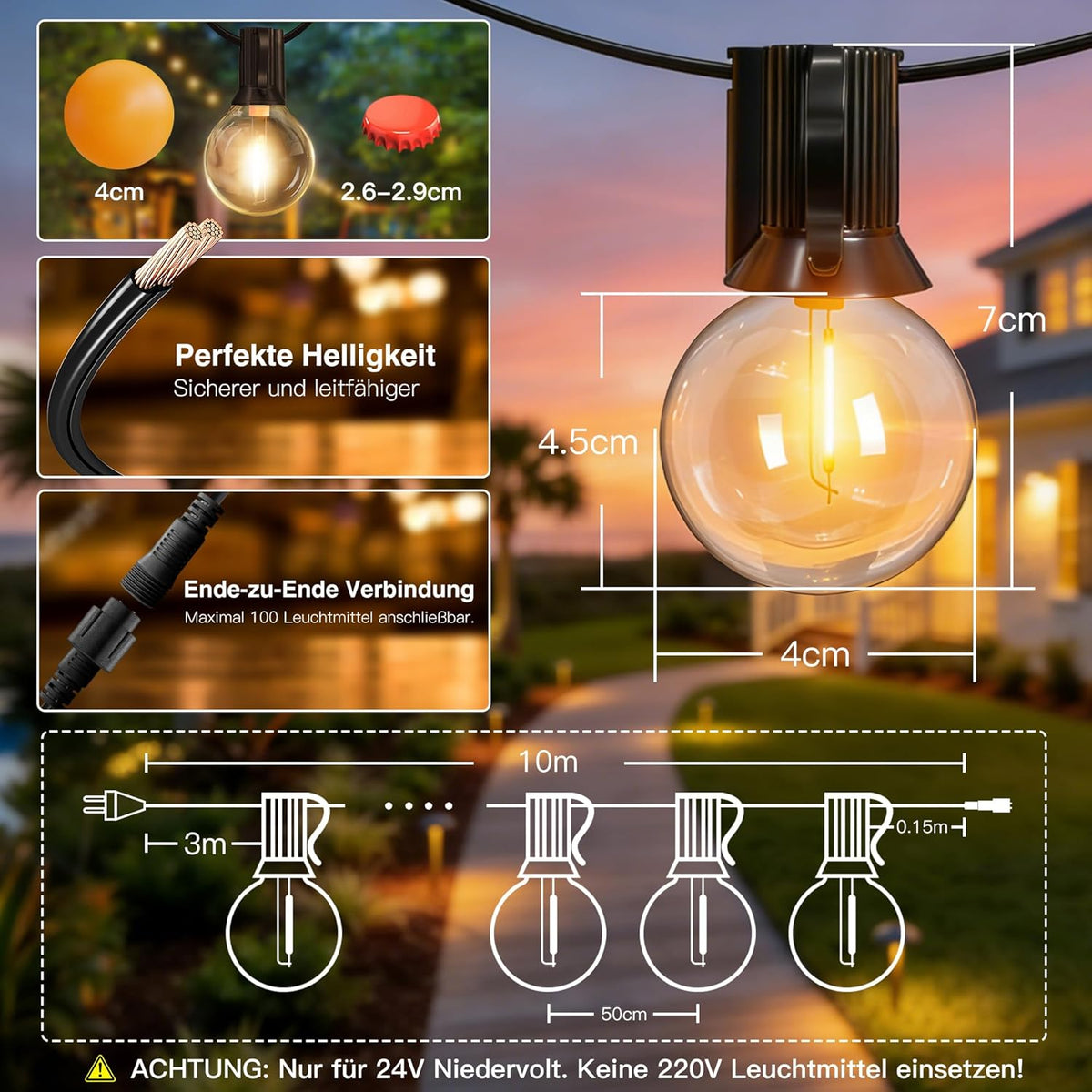 Ollny G40 10m Lichterkette Außen für Garten Balkon Party Terrasse (15+1 Glühbirnen, 3 Modi, 4 Timer, IP45 wasserdicht)