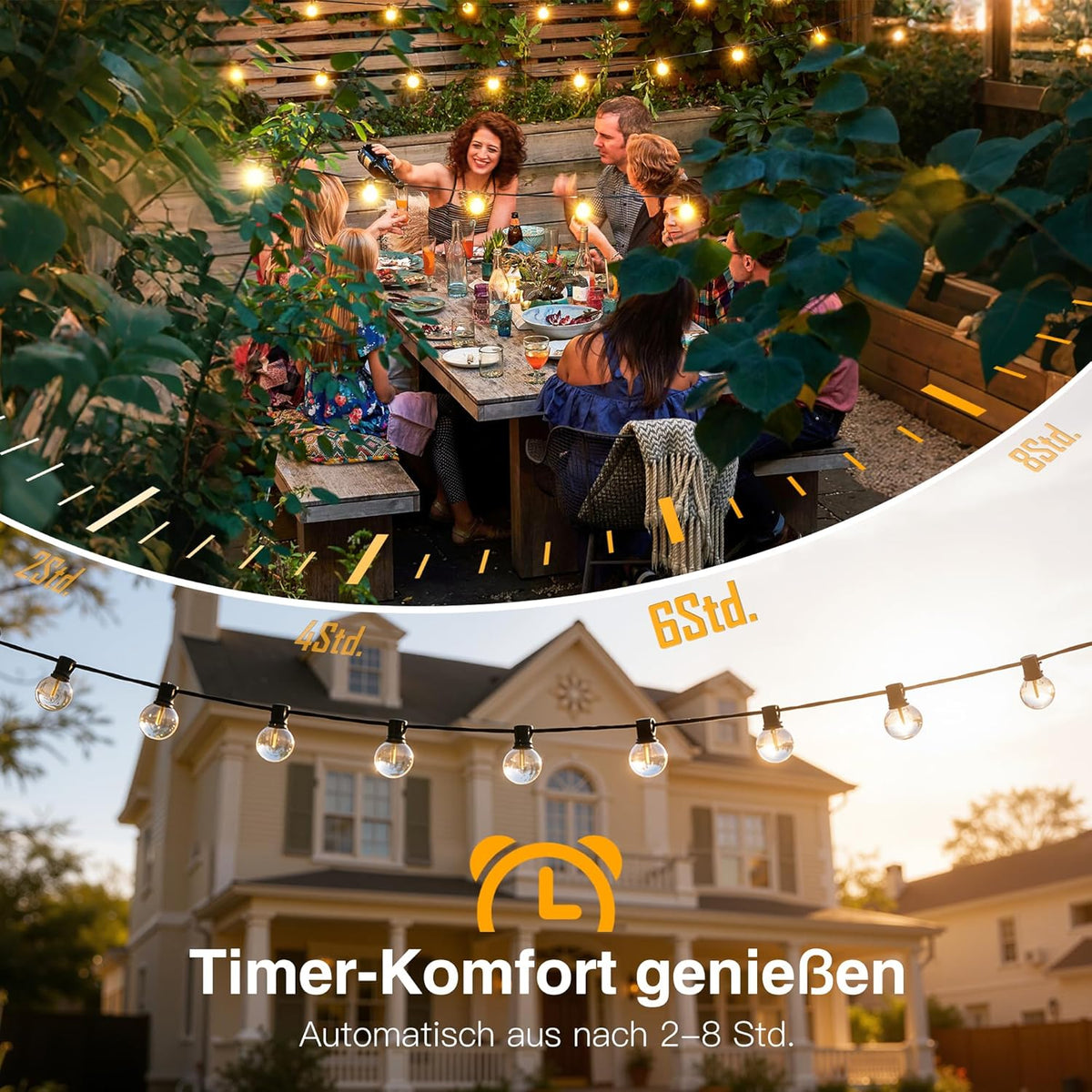 Ollny G40 10m Lichterkette Außen für Garten Balkon Party Terrasse (15+1 Glühbirnen, 3 Modi, 4 Timer, IP45 wasserdicht)
