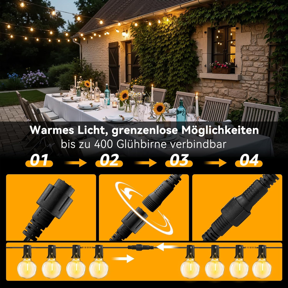 Ollny G40 Lichterkette für den Außenbereich, geeignet für Lichterketten, Garten, Balkon, Pavillon, Pergola (verbindbar, IP45 wasserdicht, 2700k)