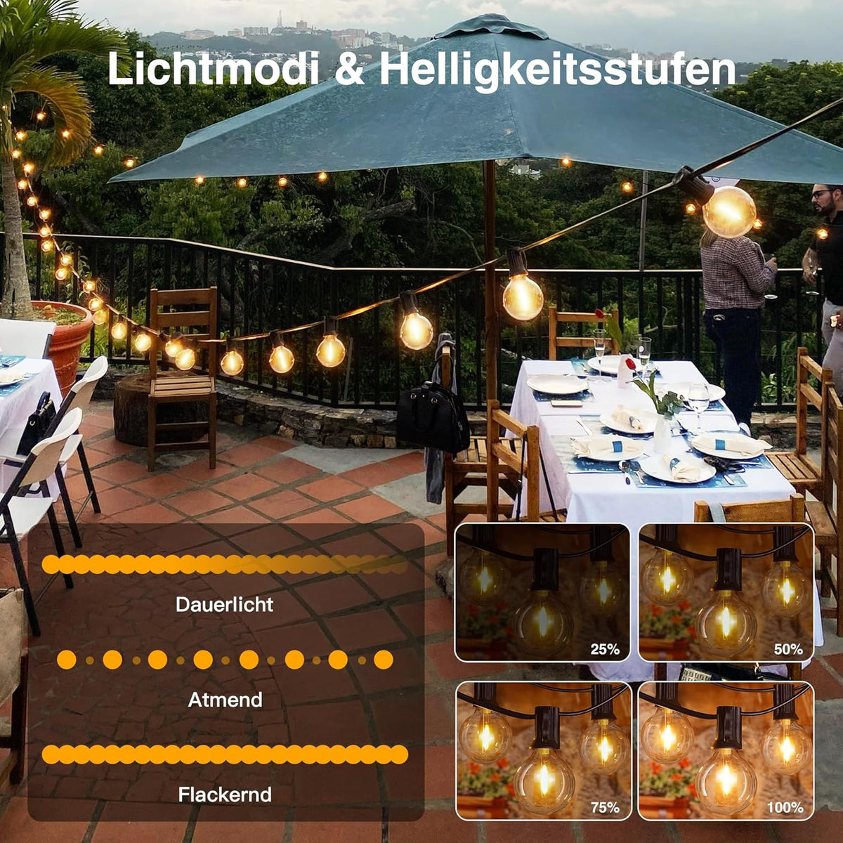 Ollny G40 10m Lichterkette Außen für Garten Balkon Party Terrasse (15+1 Glühbirnen, 3 Modi, 4 Timer, IP45 wasserdicht)