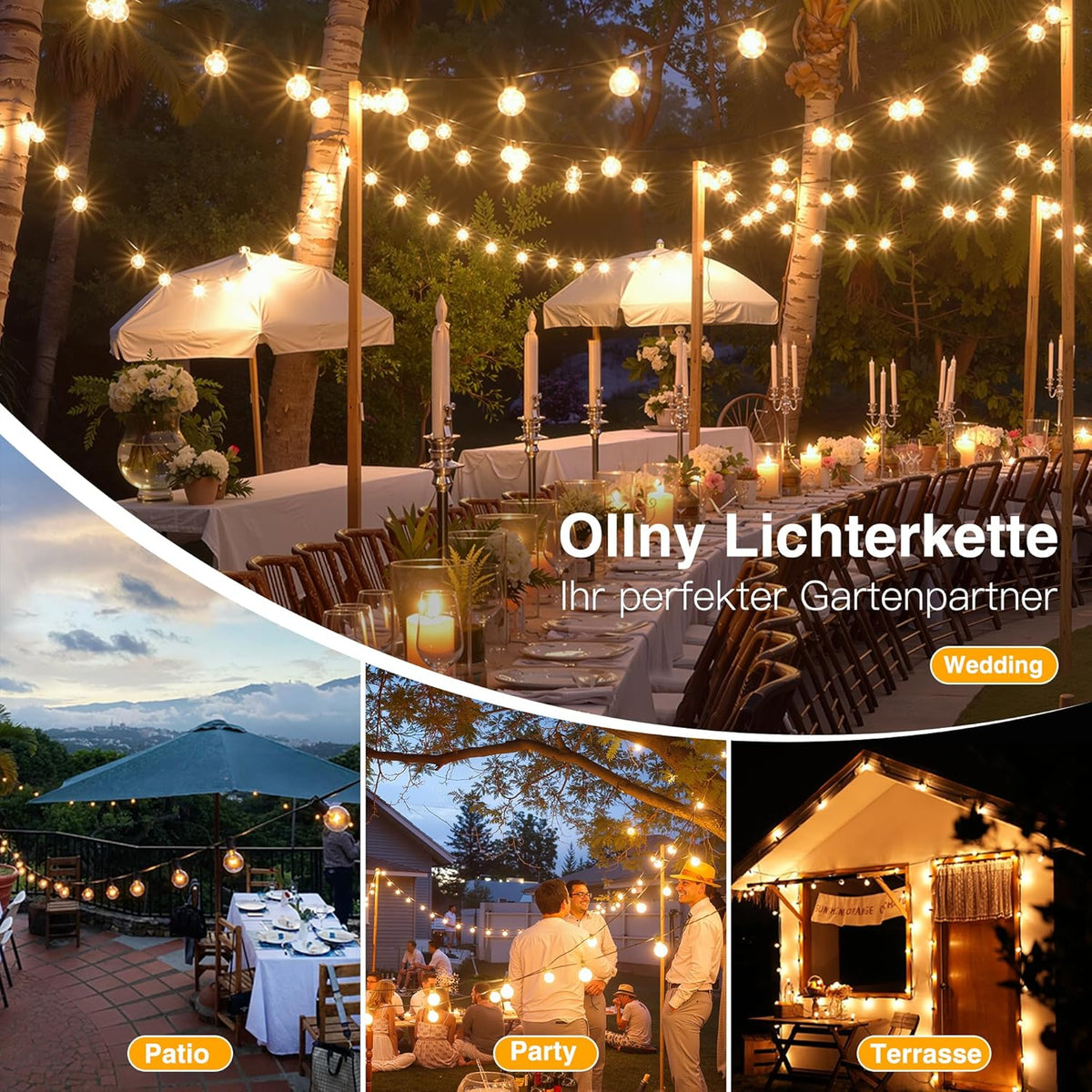 Ollny G40 Lichterkette für den Außenbereich, geeignet für Lichterketten, Garten, Balkon, Pavillon, Pergola (verbindbar, IP45 wasserdicht, 2700k)