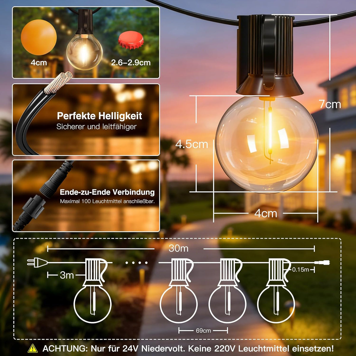 Ollny G40 Lichterkette für den Außenbereich, geeignet für Lichterketten, Garten, Balkon, Pavillon, Pergola (verbindbar, IP45 wasserdicht, 2700k)