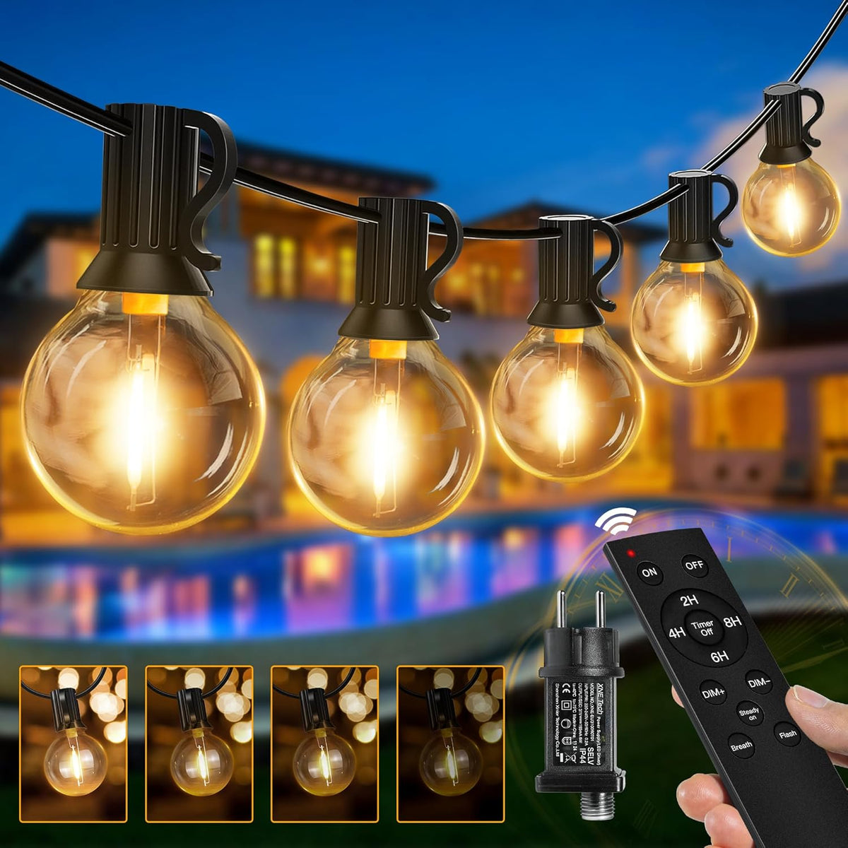 Ollny G40 10m Lichterkette Außen für Garten Balkon Party Terrasse (15+1 Glühbirnen, 3 Modi, 4 Timer, IP45 wasserdicht)