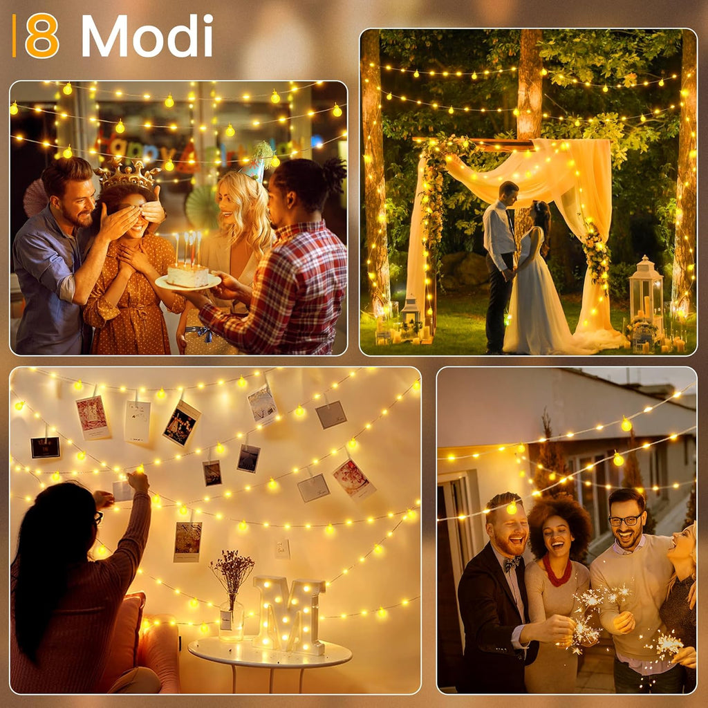 Ollny G29 Led Lichterkette außen für Garten Hochzeit Balkon Party (Warmweiß, 8 Modi, IP67 wasserdicht, 2700k)