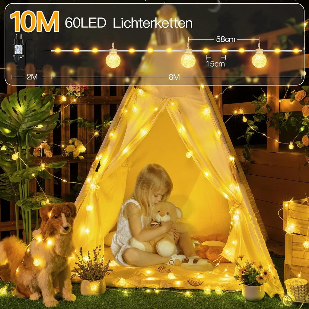 Ollny G29 Led Lichterkette außen für Garten Hochzeit Balkon Party (Warmweiß, 8 Modi, IP67 wasserdicht, 2700k)