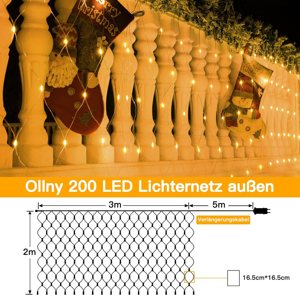 Ollny Lichternetz Außen für Büsche Garten Zimmer (Warmweiß, 8 Modi, Timer, IP45 Wasserdichte)