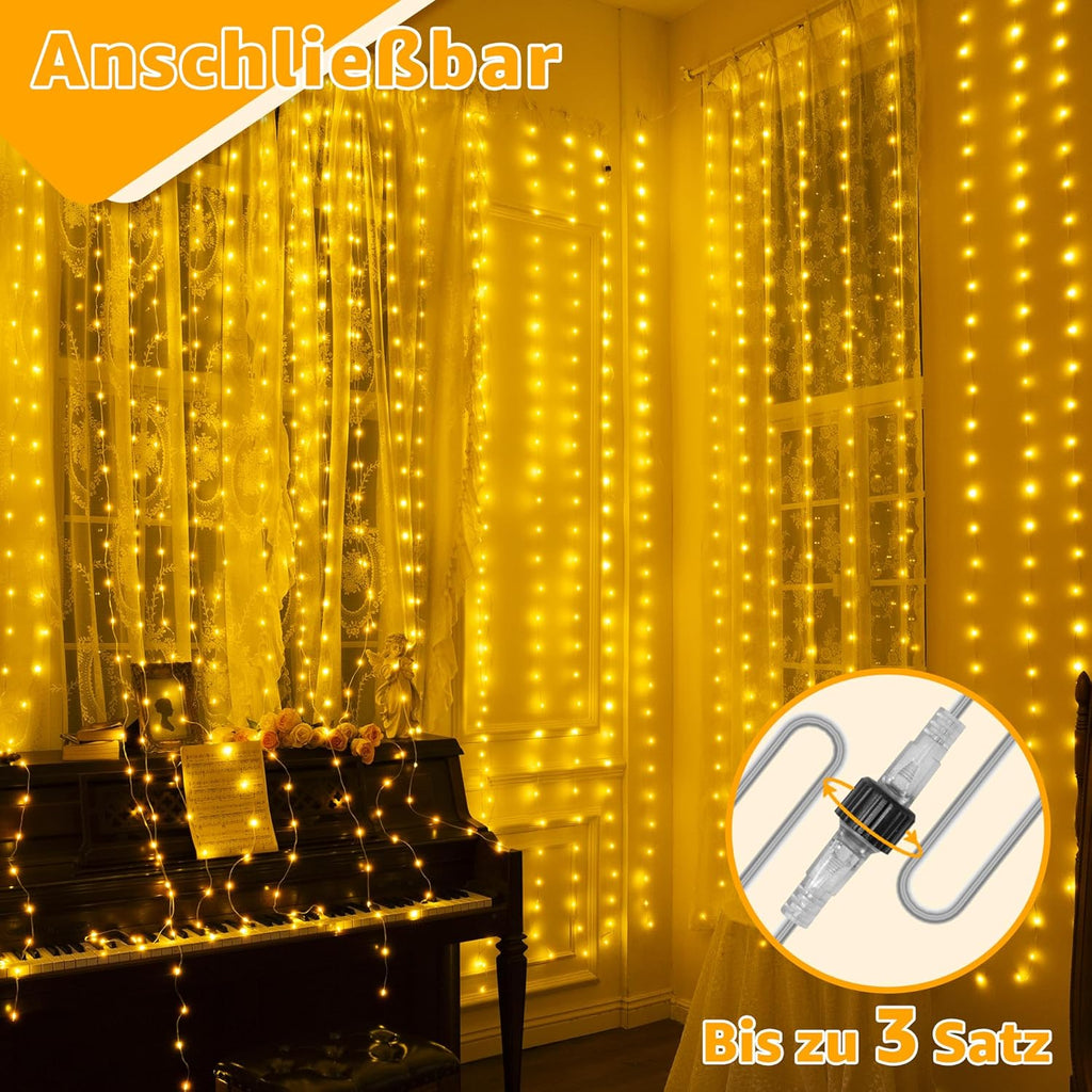 Ollny 300 LEDs 3m*3m Vorhangleuchten für den Außenbereich (anschließbar, IP67 wasserdicht, warmweiß, 8 Modi)