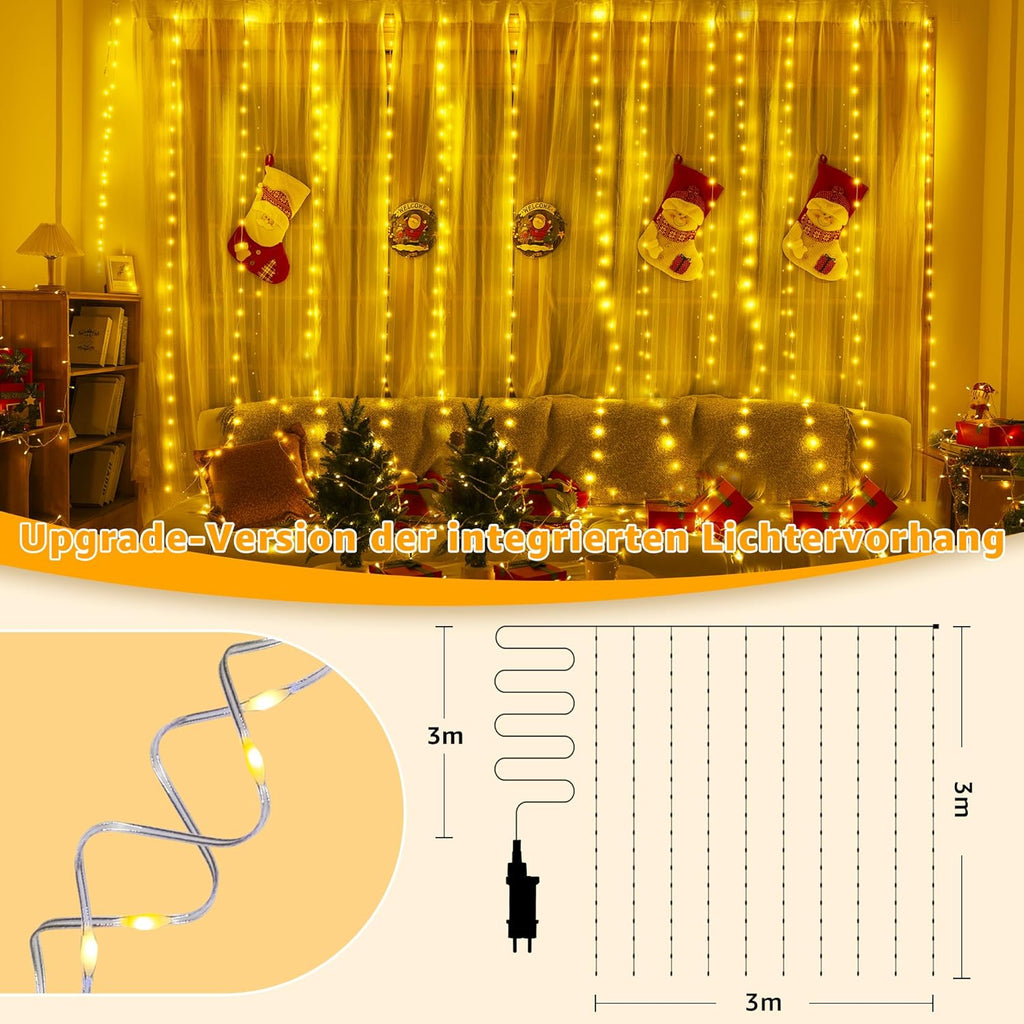 Ollny 300 LEDs 3m*3m Vorhangleuchten für den Außenbereich (anschließbar, IP67 wasserdicht, warmweiß, 8 Modi)
