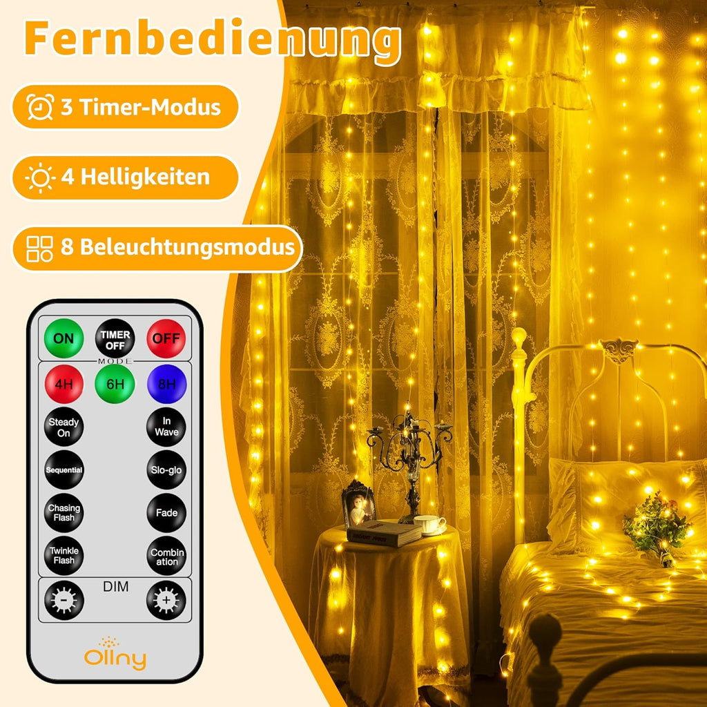 Ollny 300 LEDs 3m*3m Vorhangleuchten für den Außenbereich (anschließbar, IP67 wasserdicht, warmweiß, 8 Modi)