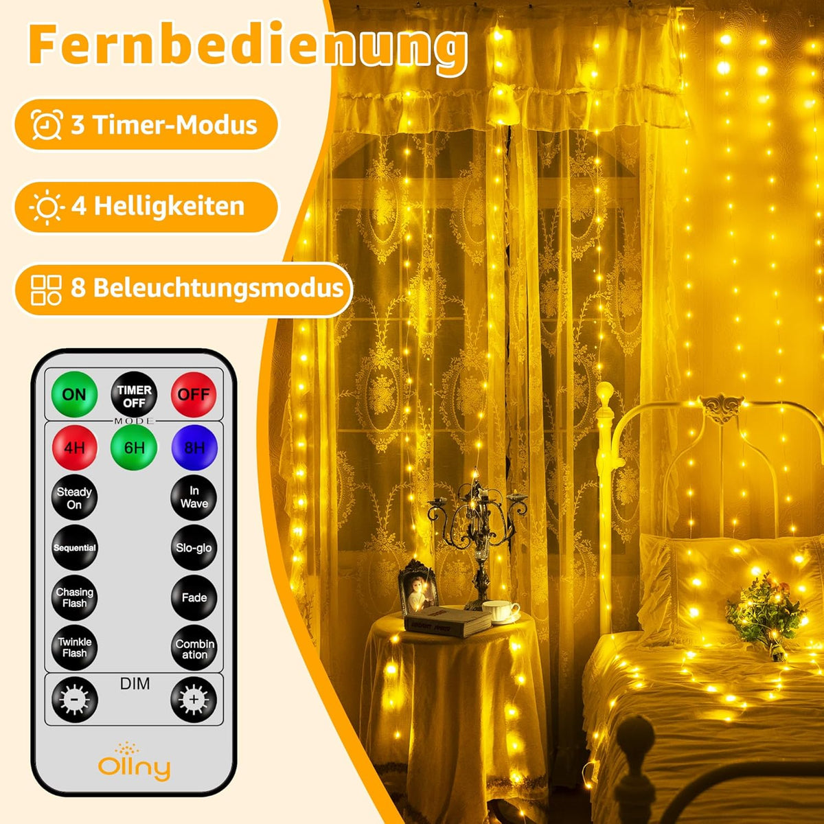 Ollny 300 LEDs 3m*3m Vorhangleuchten für den Außenbereich (anschließbar, IP67 wasserdicht, warmweiß, 8 Modi)