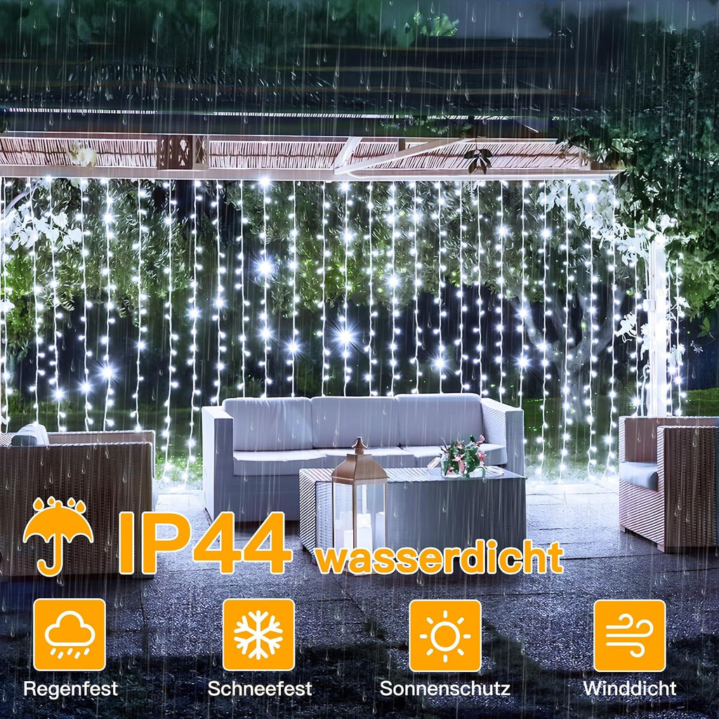 Ollny 200 LEDs 2m*2m Fernbedienung Innen Stecker (Weiß, 8 Modi, IP44 wasserdicht)
