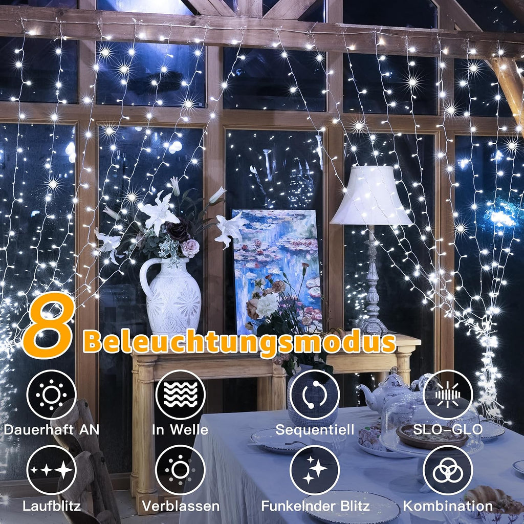 Ollny 200 LEDs 2m*2m Fernbedienung Innen Stecker (Weiß, 8 Modi, IP44 wasserdicht)
