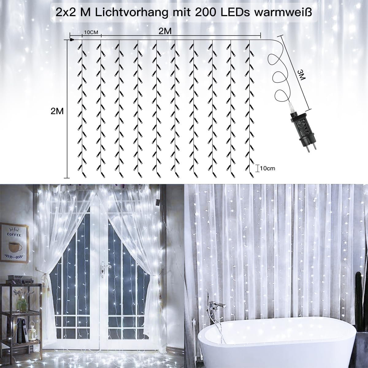 Ollny 200 LEDs 2m*2m Fernbedienung Innen Stecker (Weiß, 8 Modi, IP44 wasserdicht)