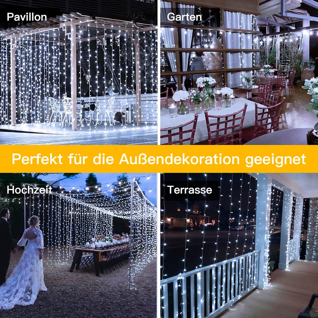 Ollny 200 LEDs 2m*2m Fernbedienung Innen Stecker (Weiß, 8 Modi, IP44 wasserdicht)