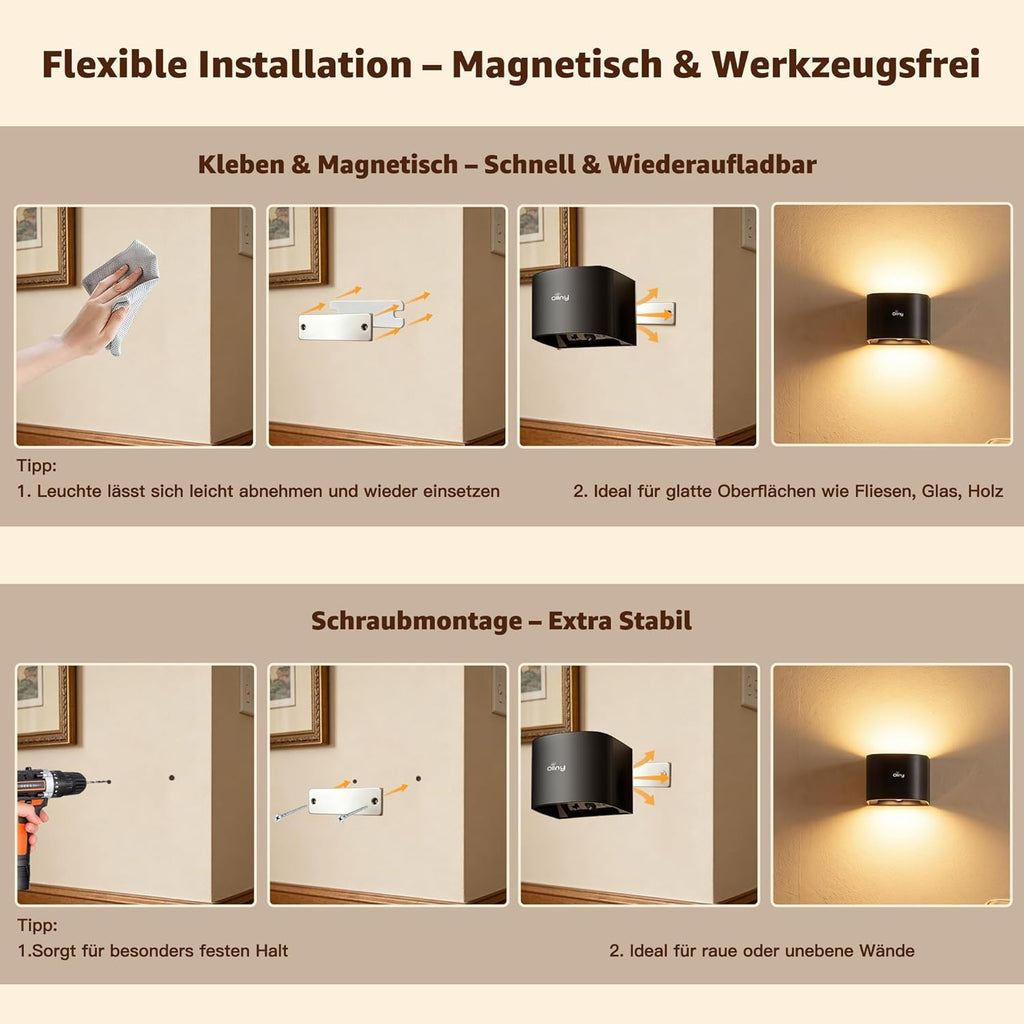 Ollny 2 Stück Akku Wandleuchte Innen mit Bewegungsmelder (Magnetische, 3 Farben, Timer Dimmbar)