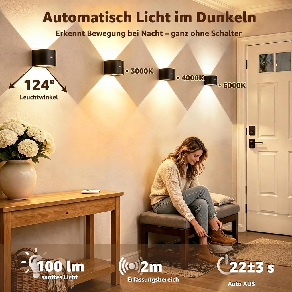 Ollny 2 Stück Akku Wandleuchte Innen mit Bewegungsmelder (Magnetische, 3 Farben, Timer Dimmbar)