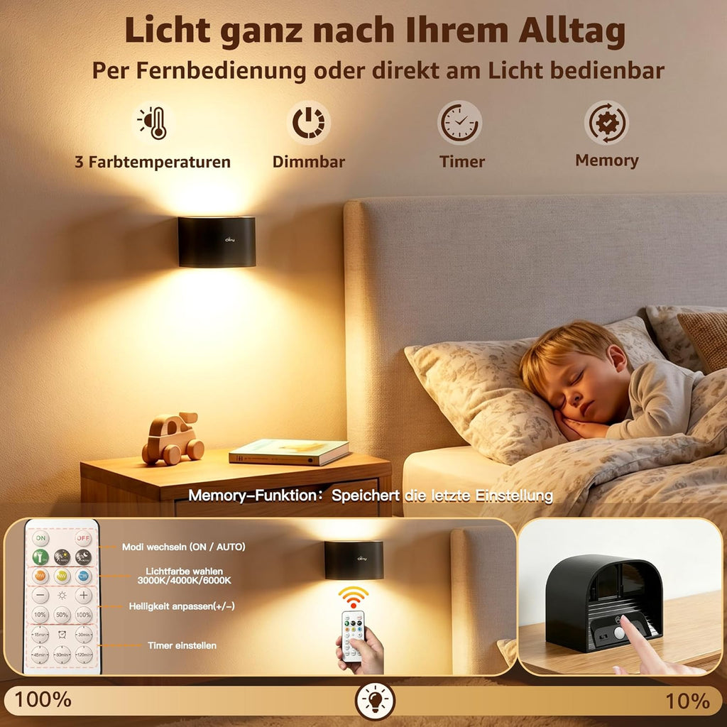 Ollny 2 Stück Akku Wandleuchte Innen mit Bewegungsmelder (Magnetische, 3 Farben, Timer Dimmbar)