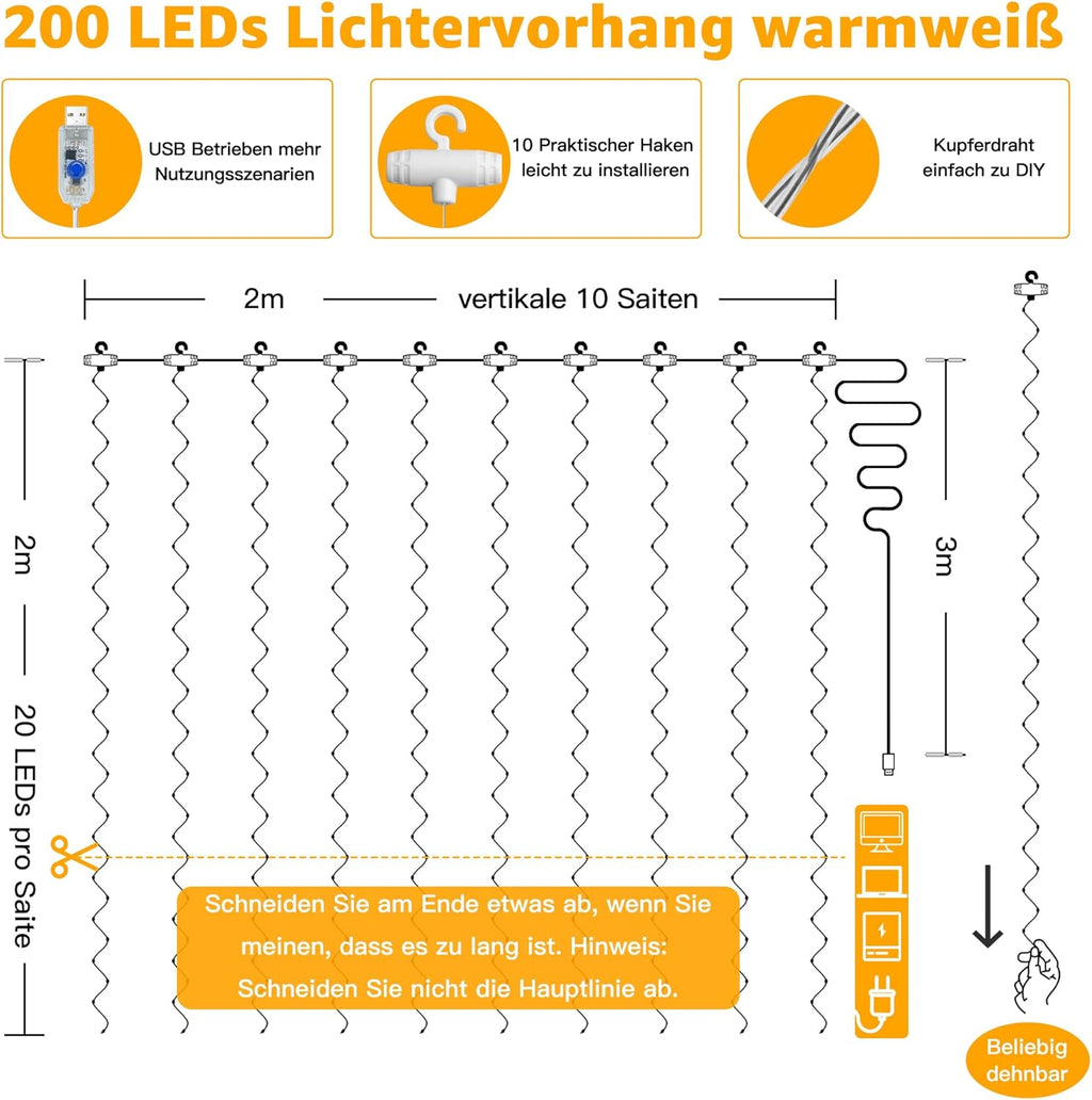 Ollny 200 LED 2m*2m USB Kupferdraht Vorhang Lichterkette mit Haken (warmweiß, IP44 wasserdicht)