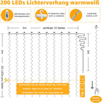 Ollny 200 LED 2m*2m USB Kupferdraht Vorhang Lichterkette mit Haken (warmweiß, IP44 wasserdicht)