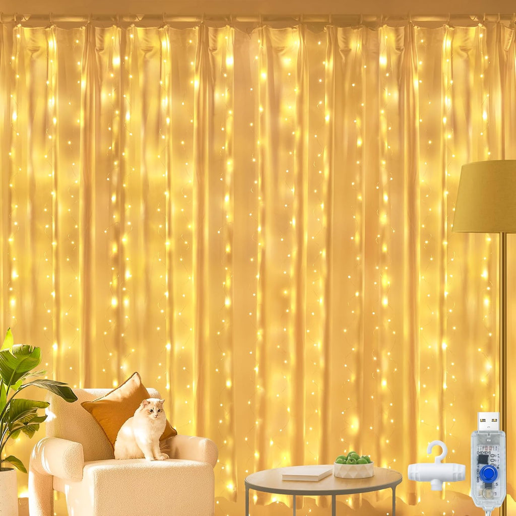 Ollny 200 LED 2m*2m USB Kupferdraht Vorhang Lichterkette mit Haken (warmweiß, IP44 wasserdicht)