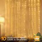 Ollny 200 LED 2m*2m USB Kupferdraht Vorhang Lichterkette mit Haken (warmweiß, IP44 wasserdicht)