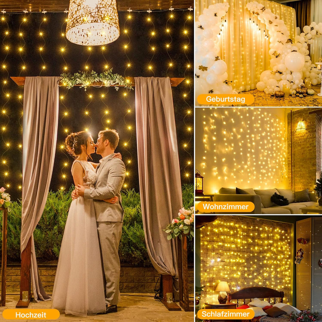 Ollny 200 LED 2m*2m USB Kupferdraht Vorhang Lichterkette mit Haken (warmweiß, IP44 wasserdicht)