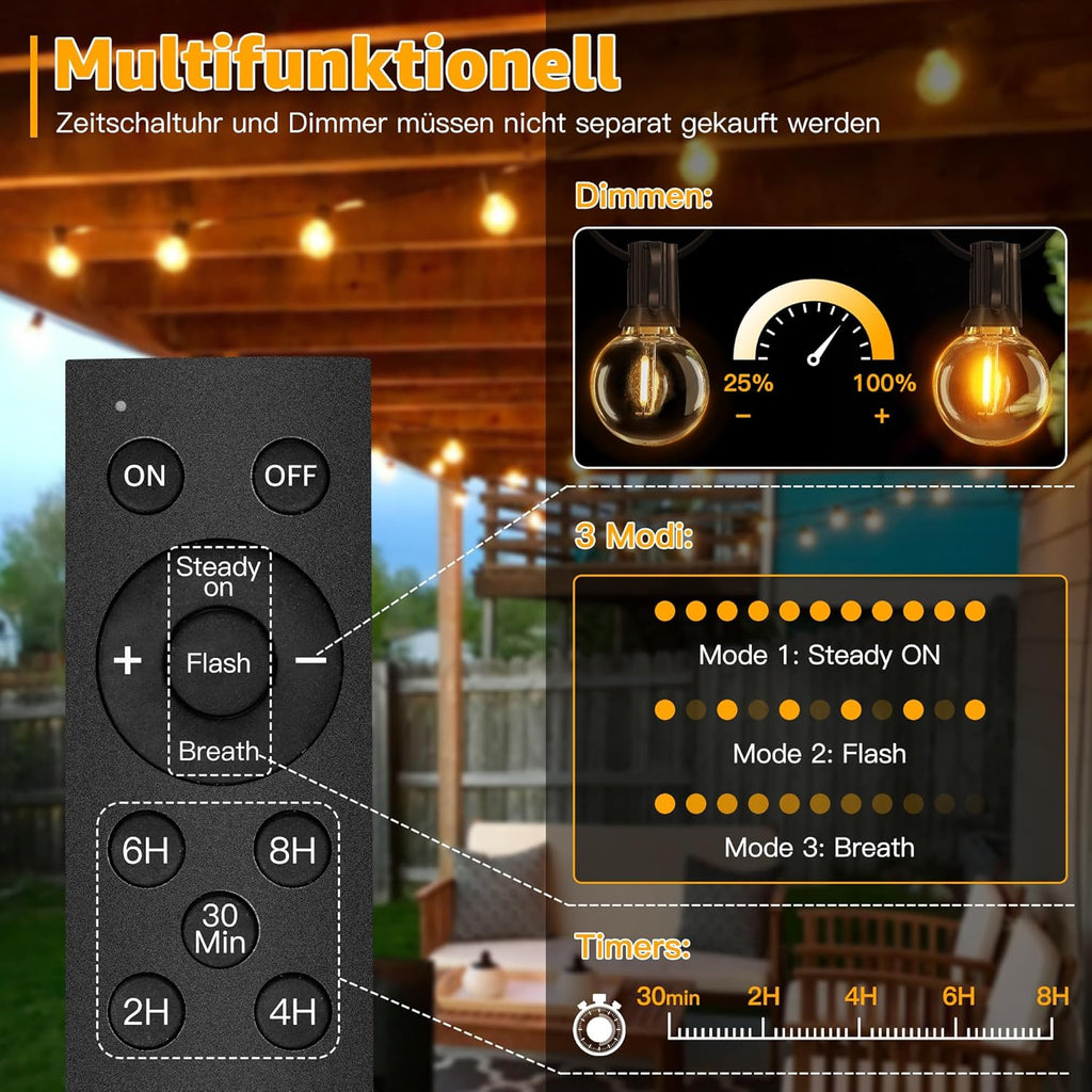 Ollny G40 20m Solar Lichterkette Außen für Garten, Balkon, Partydeko (30+2 Glühbirnen, 3 modi, IP45 wasserdicht)